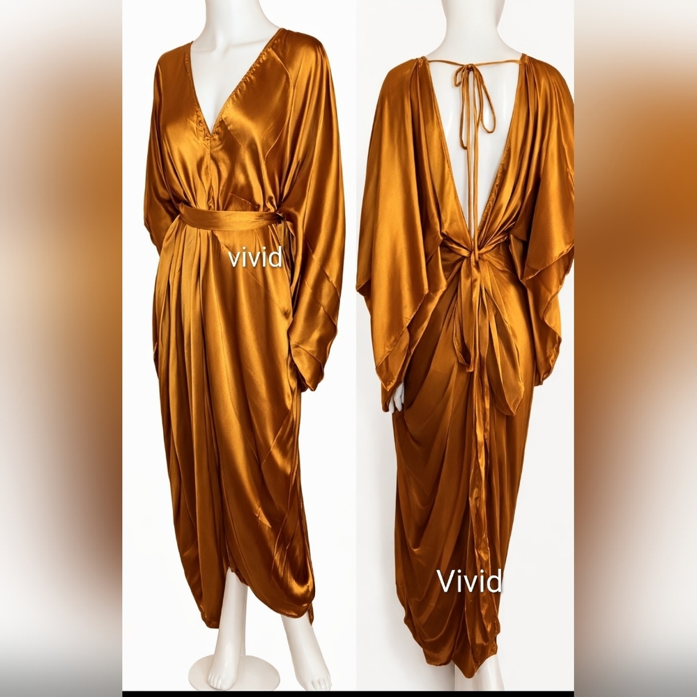 Anthropologie Satin Kaftan Tie Front Maxi Dress OS Adjustabe In Bronze NWT$200 - Picture 3 of 12